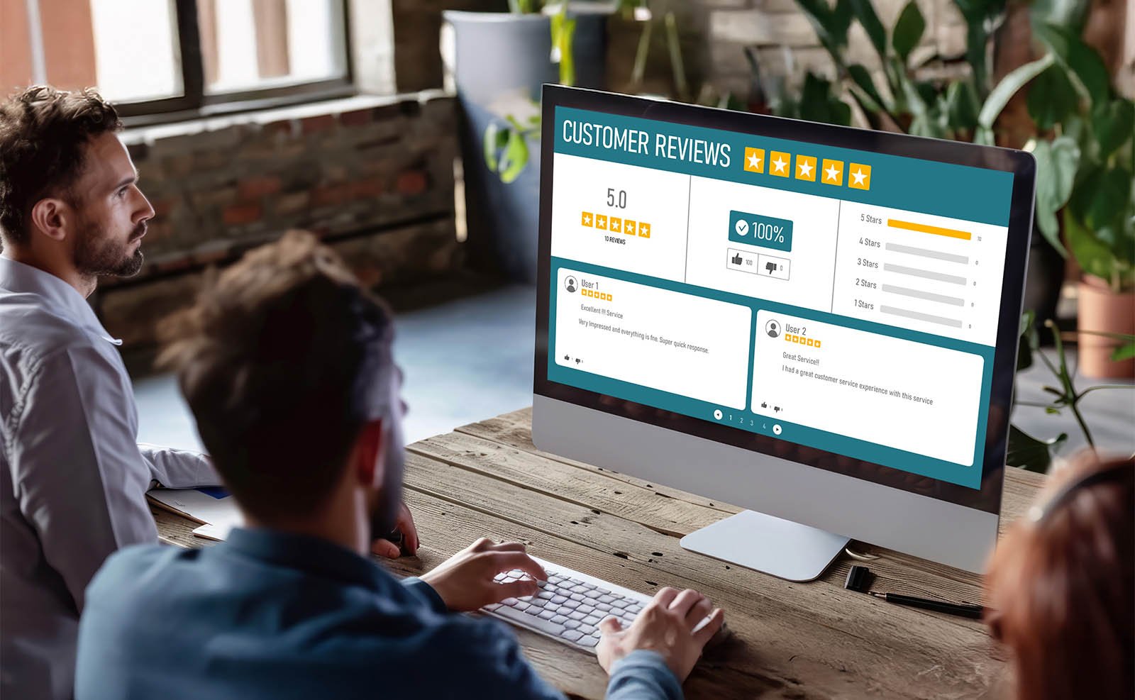 Team reviewing customer experience software solutions on screen